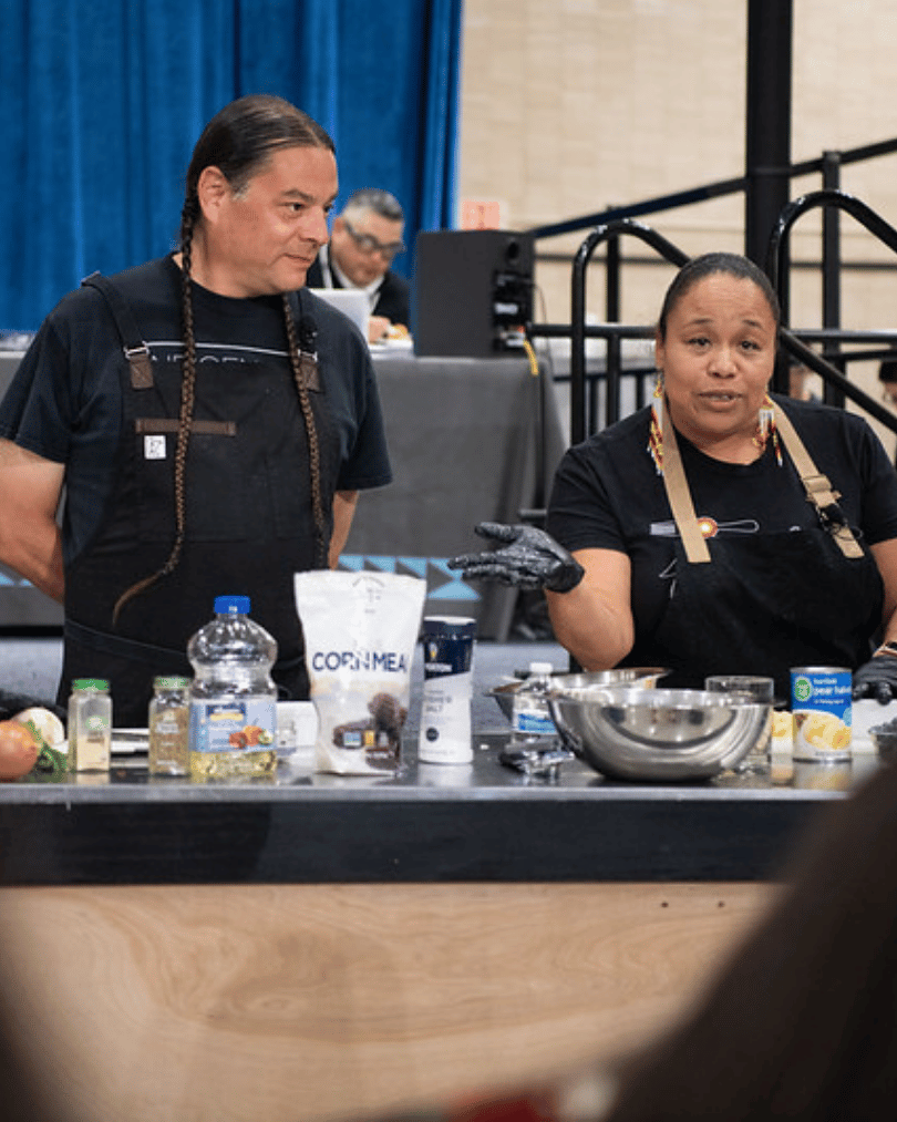 Chef Crystal Wahpepah, member of the Kickapoo Nation of Oklahoma, talks with attendees during a panel on the USDA Indigenous Food Sovereignty Initiative at the White House Tribal Youth Forum at the U.S. Department of Health and Human Services headquarters