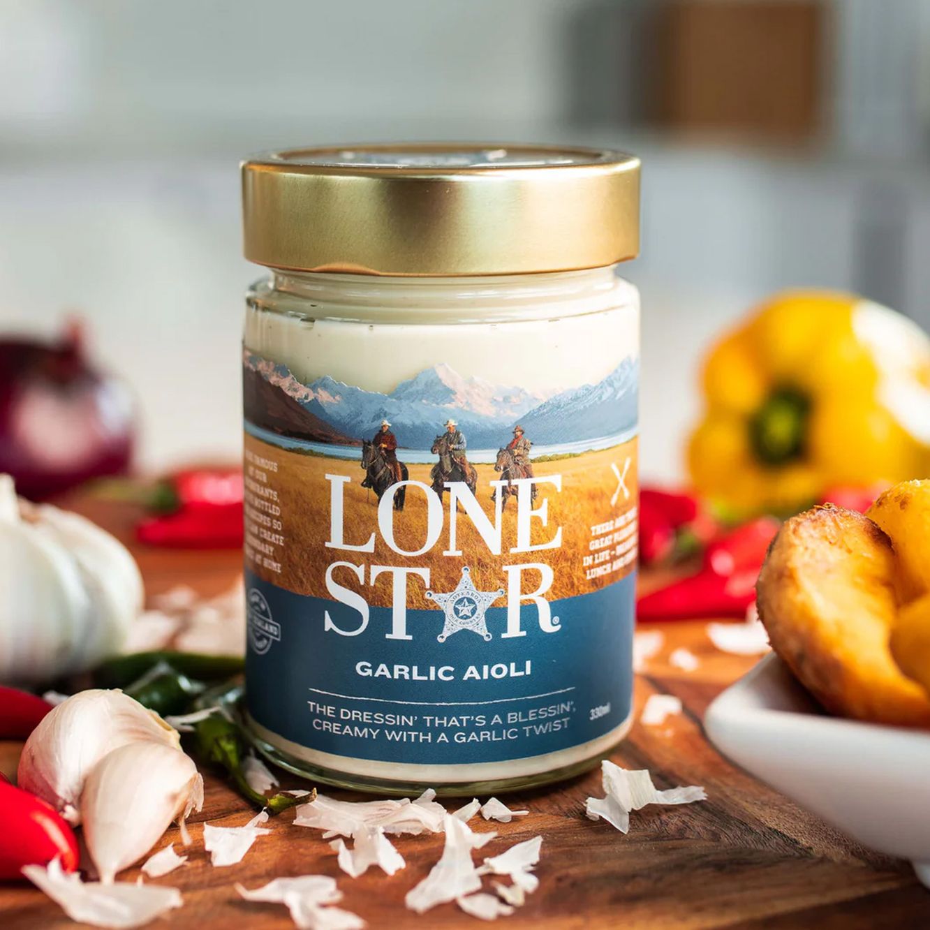 Close-up of Lone Star Garlic Aioli – smooth, garlicky dressing made for generous dollops on anything from salads to spuds.