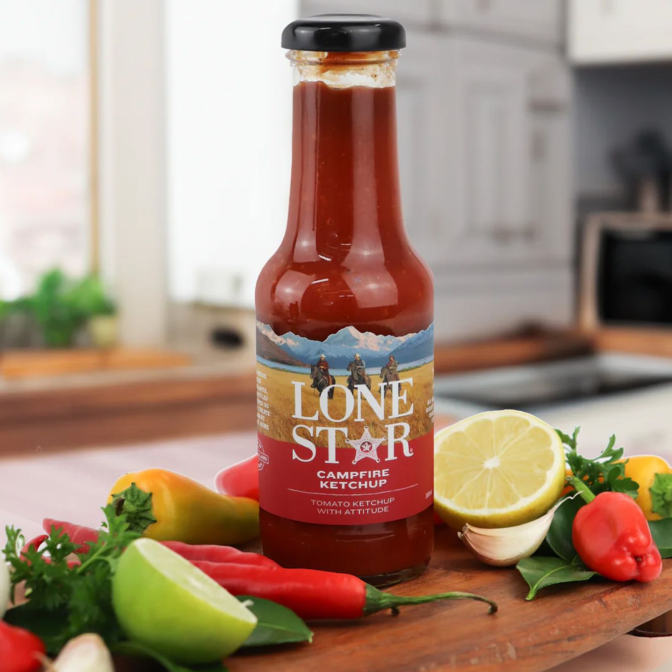 A jar of Campfire Ketchup sitting on a rustic wooden table – rich, smoky tomato sauce perfect for burgers, fries, and BBQ meals.