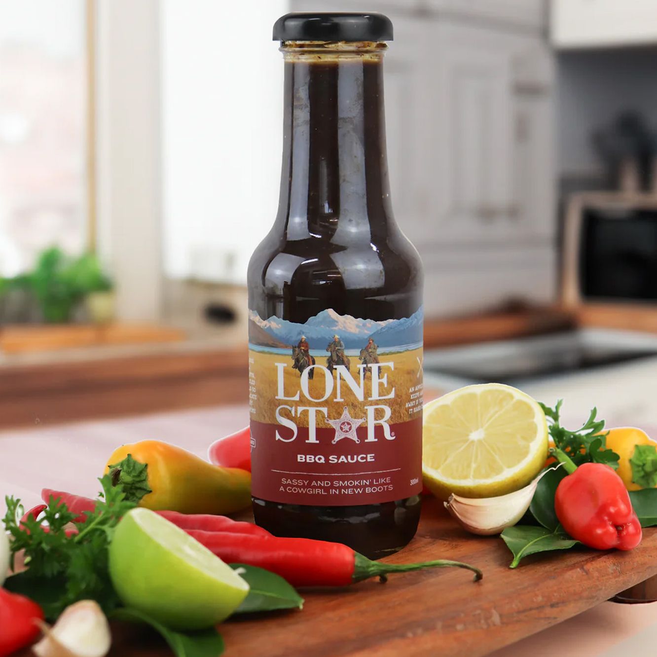 Bottle of Lone Star BBQ Sauce on a wooden surface – rich, smoky sauce ideal for grilling, marinating, or dipping your favourite meats.