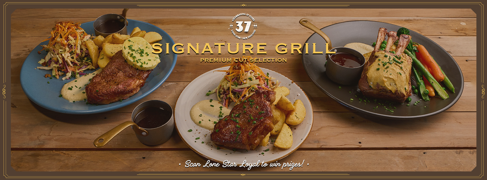 Three gourmet steak dishes with sauces, vegetables, and potato wedges on plates, labeled 
