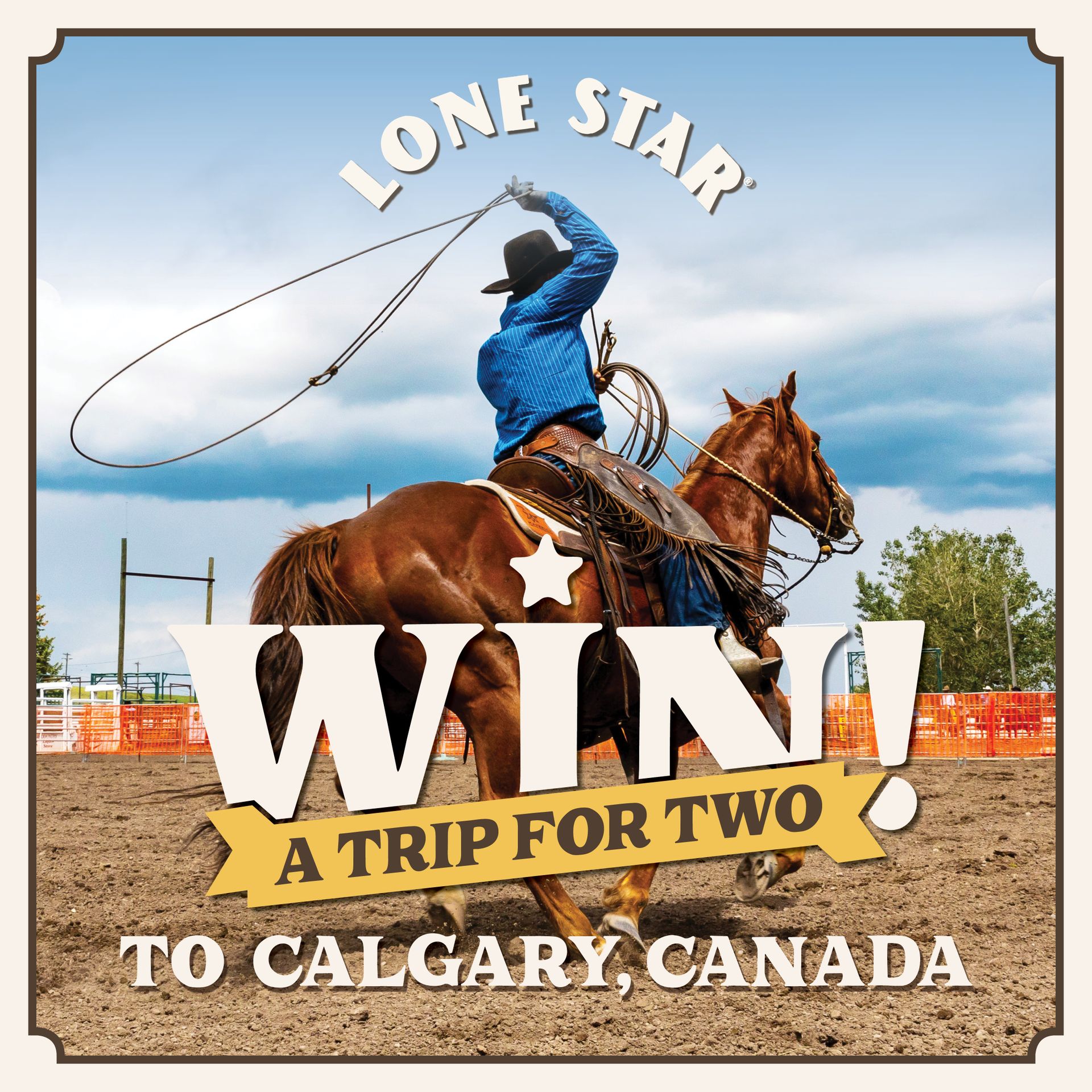 Cowboy on horseback with lasso at rodeo, promoting a contest to win a trip for two to Calgary, Canada.