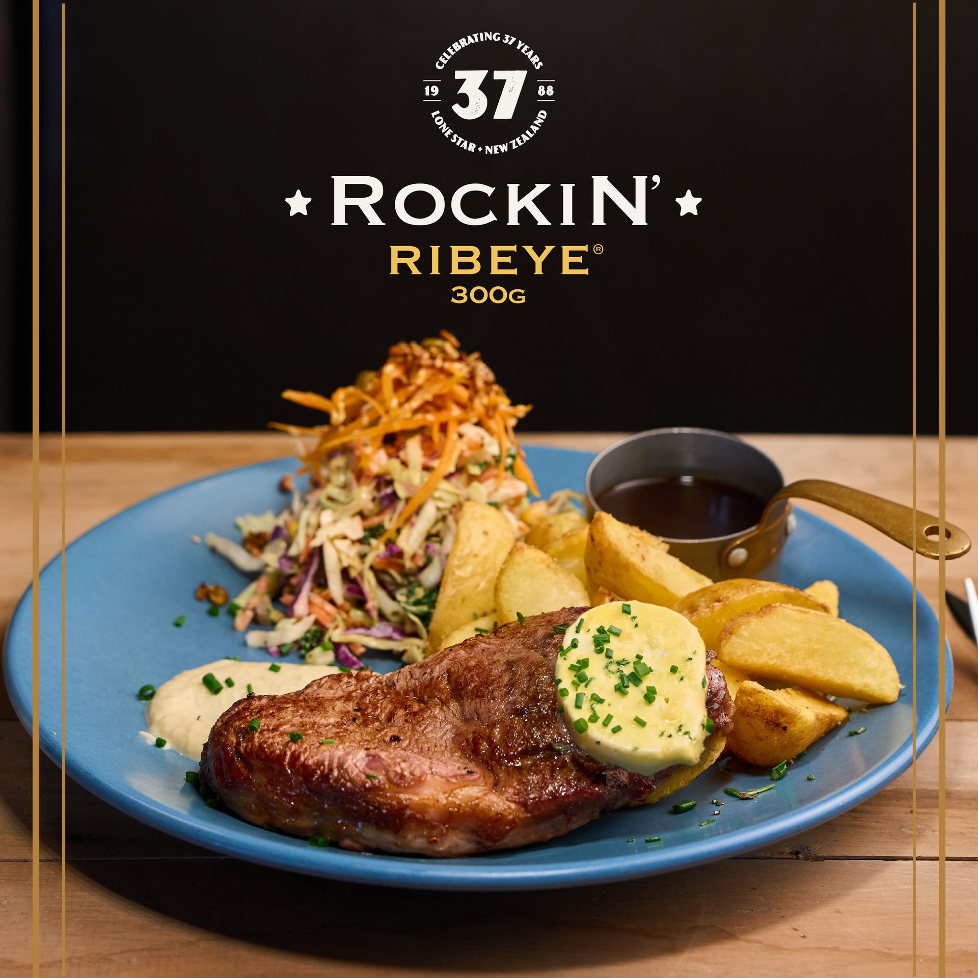 Plate with a ribeye steak, potato wedges, coleslaw, and sauce. Text reads "Rockin' Ribeye 300g" with promotional details.