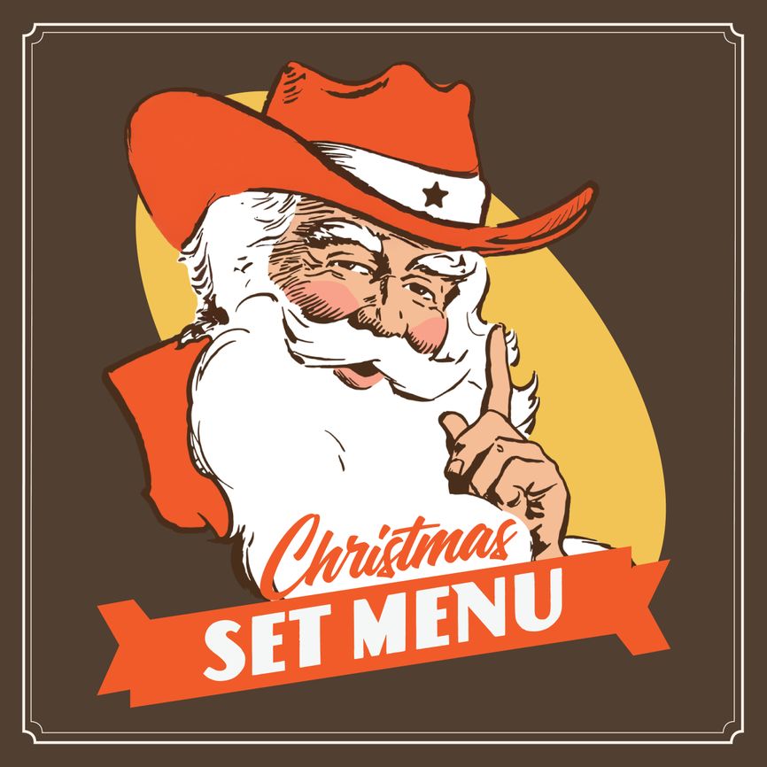 Illustration of Santa Claus in a cowboy hat, winking and smiling, with the text "Christmas Set Menu" on a banner below.