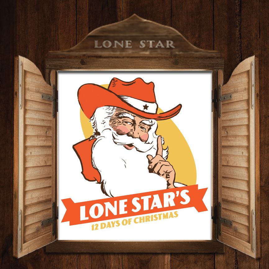 Wooden saloon window opens to a retro Santa in a cowboy hat with banner: "Lone Star's 12 Days of Christmas."