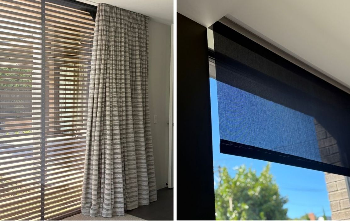 Split image of recessed window treatments: left, striped curtains with wooden blinds; right, a black roller shade framing a view outside.