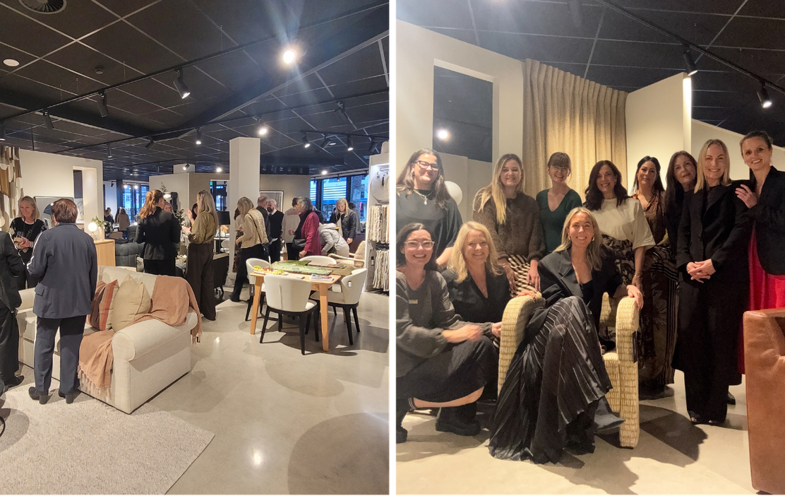 Two images: Left shows customers mingling at our Interior Design Evening. Right features speakers from the event posing together, smiling indoors.