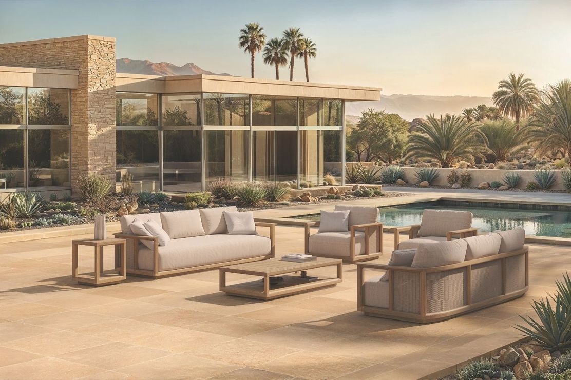 Modern patio with light-colored sofas and chairs from the Otazen Nuance Range, around a wooden table, overlooking a pool. Desert landscape with palm trees and mountains in the background.