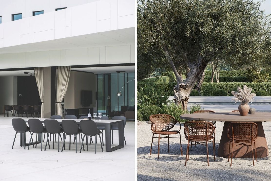 Split image: Left shows a modern indoor dining area with Jati & Kebon Galati Dining Chair & Linate Outdoor Ceramic Dining Table; right shows an outdoor setting with a McW Collection Cairo Outdoor Dining Chair & Kano Outdoor Dining Table