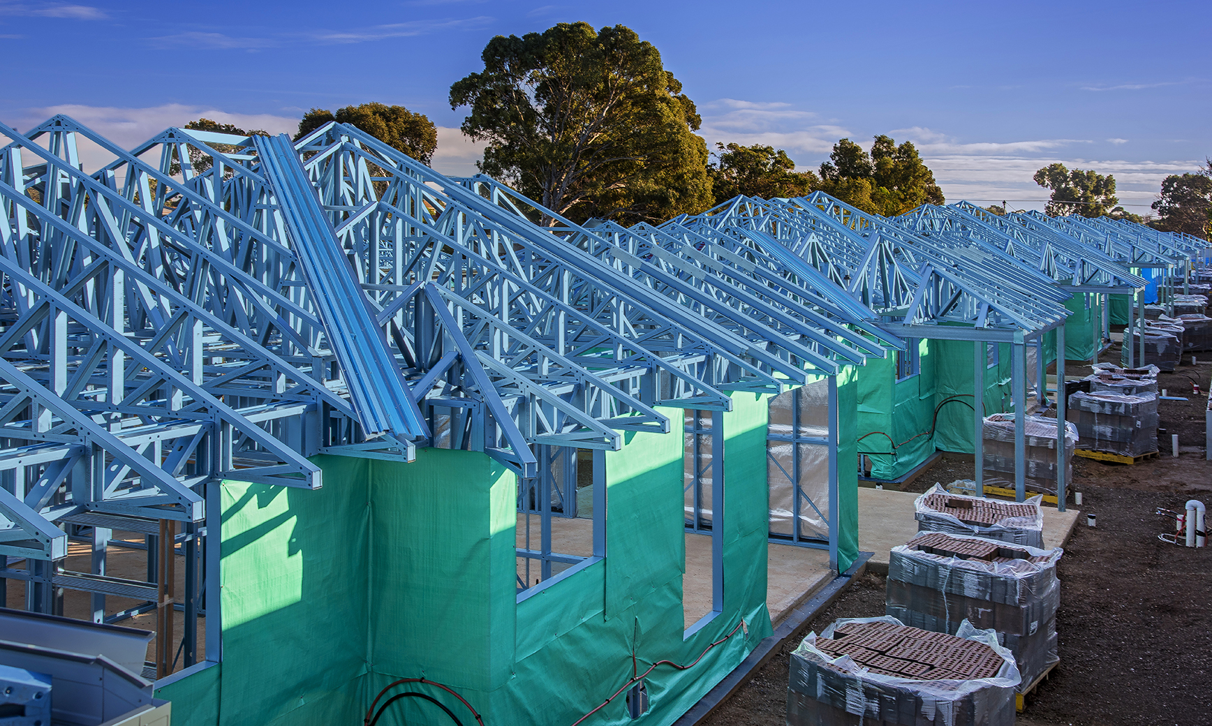 Steel framed homes under construction.