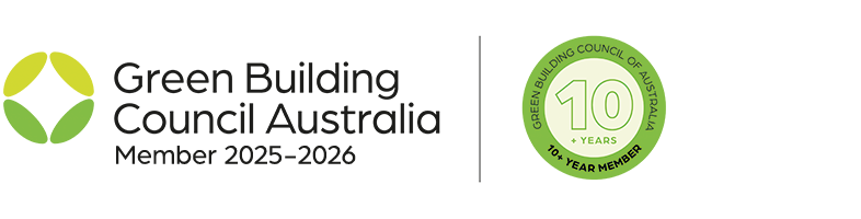 Green Building Council Australia logo featuring a circular icon with green and yellow shapes, text indicating 'Member 2023–2024,' and a badge highlighting '10+ Year Member.'