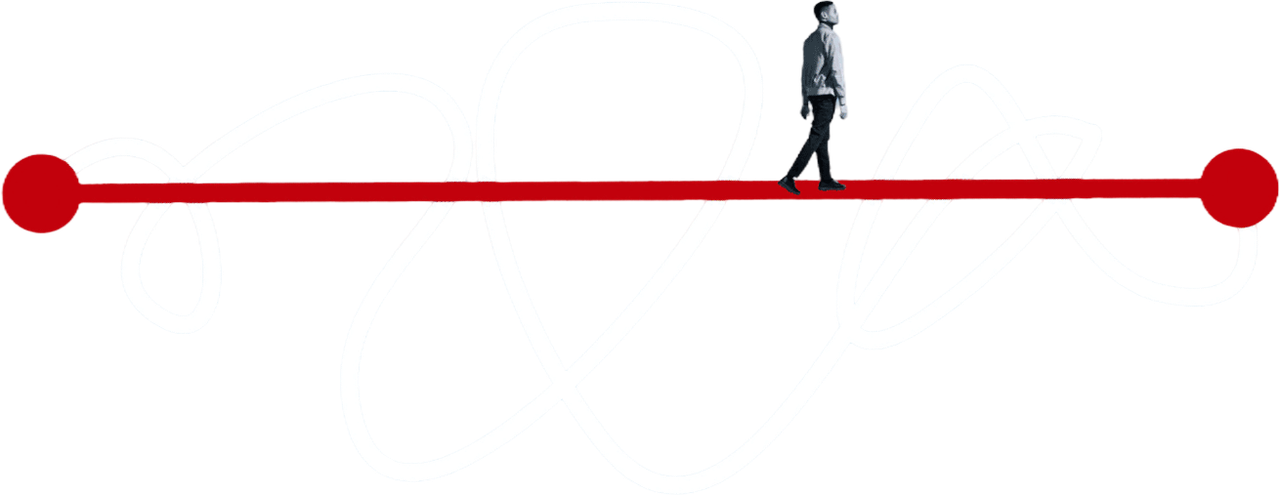A tangled white line with a straight red line cut clean through it, and a person walking the straight line