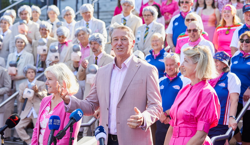 Glenn McGrath addressing media on the first day of the 2026 Pink Test