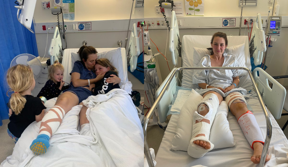 Meg in a hospital bed with a bandaged leg surrounded by her three children