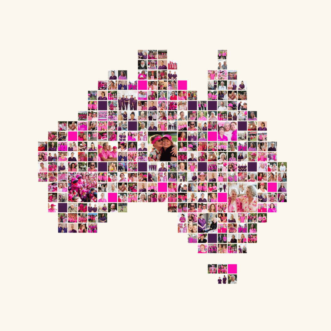 Map of Australia filled in with individual images of pink fundraising events from across the country.