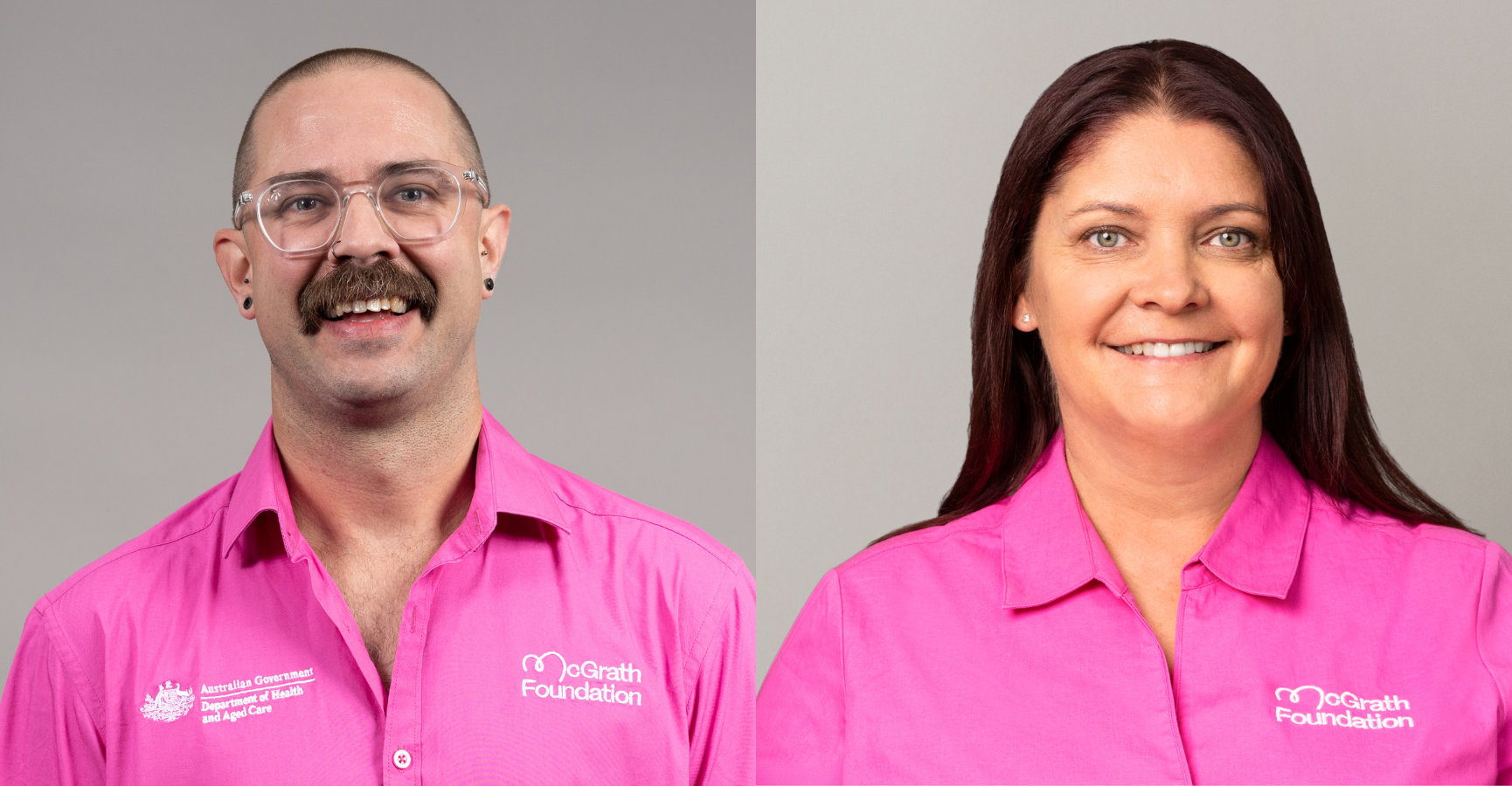 Professional headshots of Daniel Pym and Kylie Hickman wearing bright pink McGrath Foundation shirts with Australian Government Department of Health and Aged Care branding, against a light grey background.