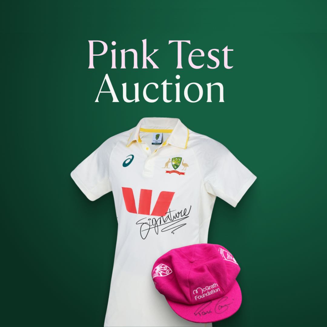 Sample of signed Pink Test player shirt and signed McGrath Foundation hat with "Pink Test Auction" text above the items.