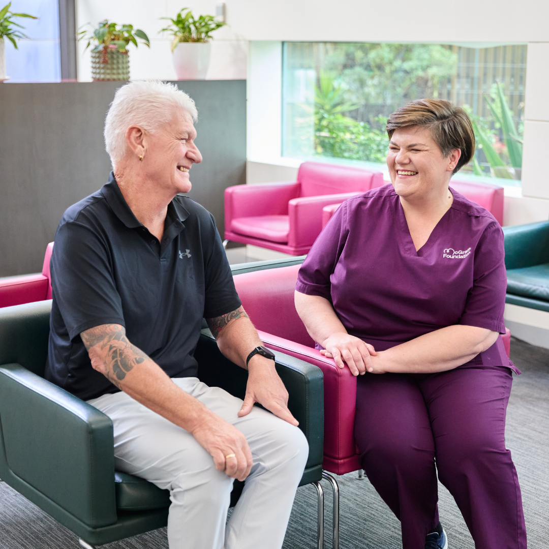 McGrath Foundation nurse, Nicola, having a chat with patient, Paul.