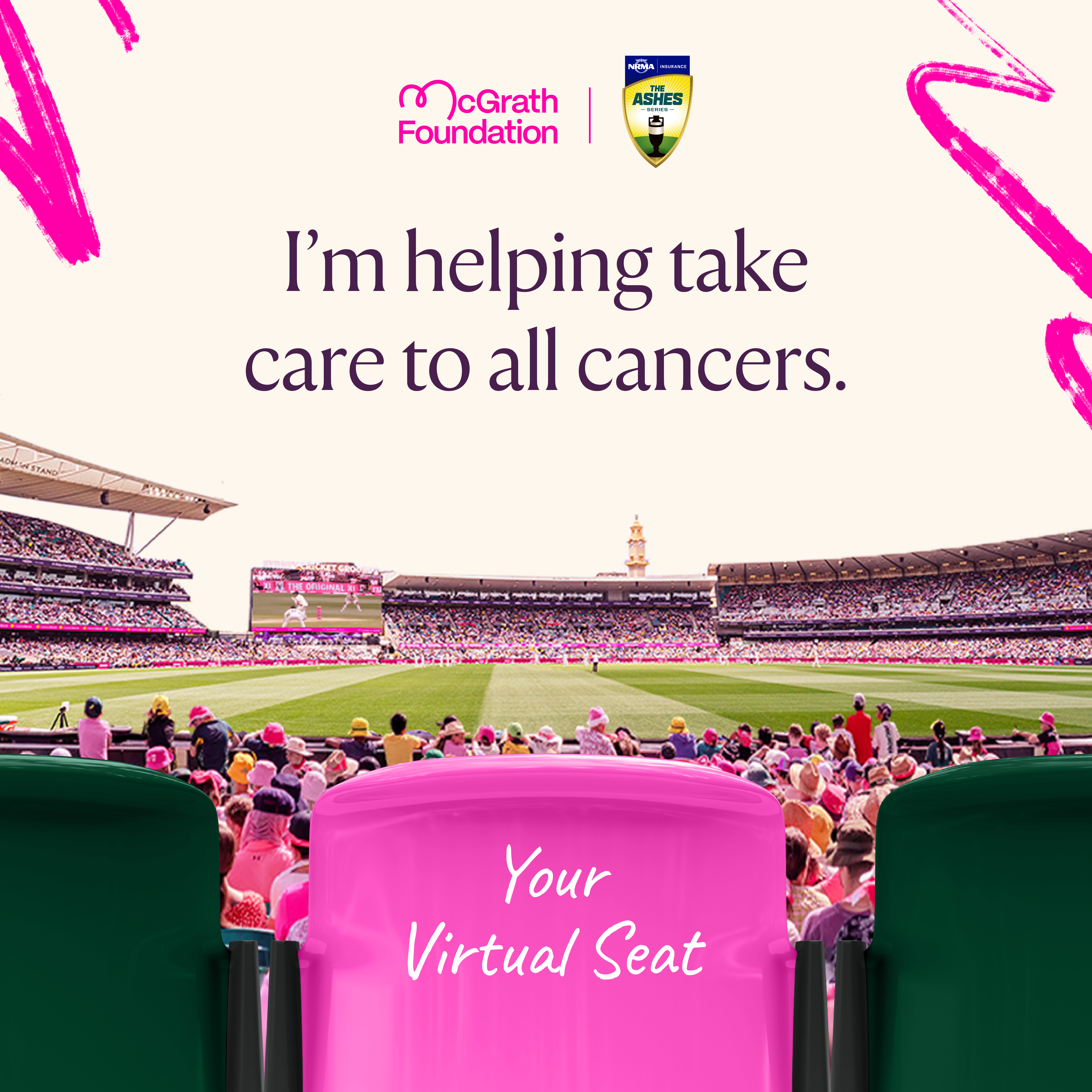 Single Pink Seat icon with "Your Virtual Seat" text on the seat. "I'm helping take care to all cancers" text above the seat.
