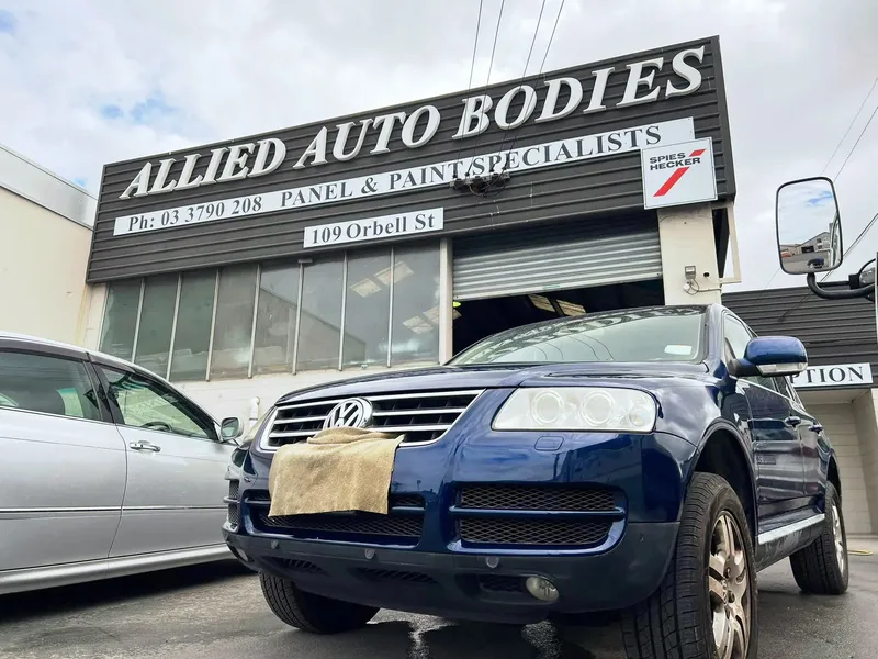 Blue Volkswagen Touareg outside the Allied Auto Bodies workshop on Orbell Street