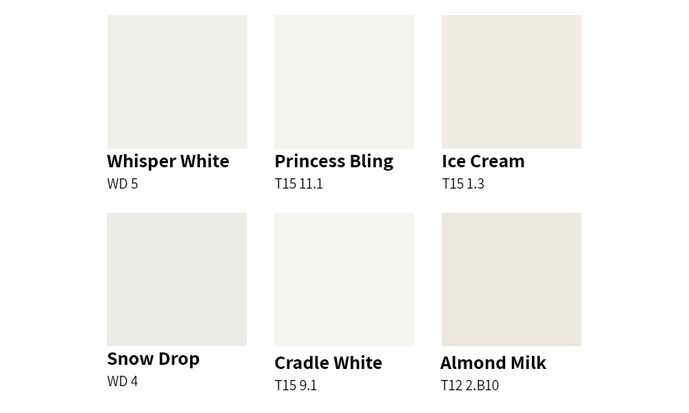 Six warmer toned colour swatches for white paint labelled: Whisper White, Princess Bling, Ice Cream, Snow Drop, Cradle White and Almond Milk.