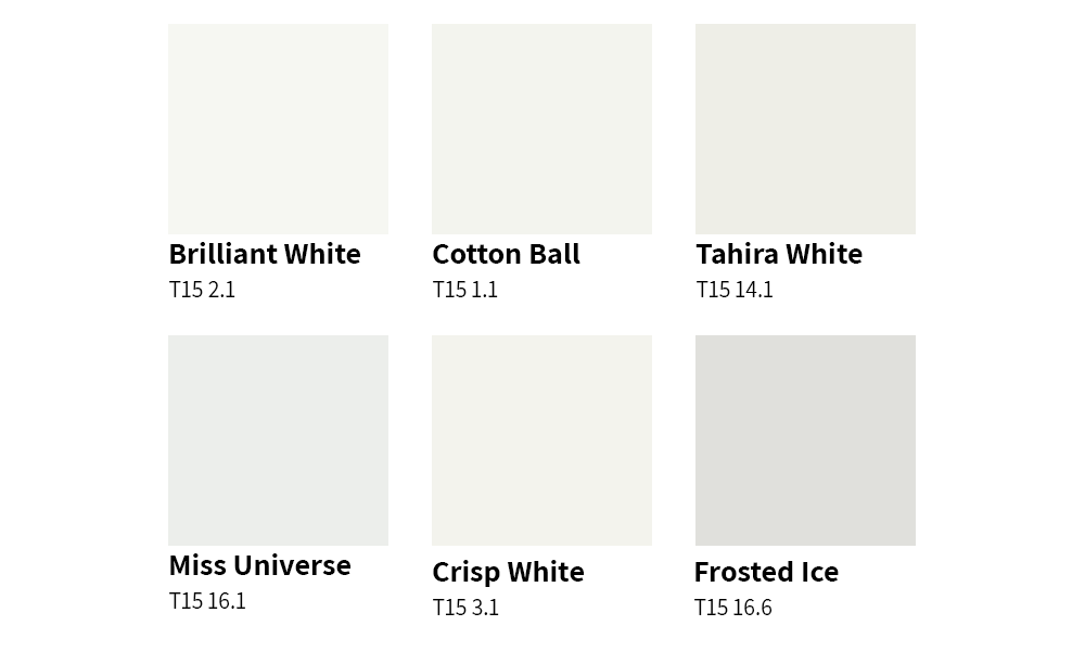 Six cool toned white paint colour swatches labeled: Brilliant White, Cotton Ball, Tahira White, Miss Universe, Crisp White and Frosted Ice with corresponding codes.