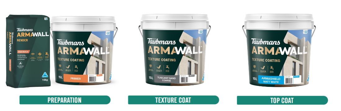 Three Taubmans Armawall products: Primer (Preparation), Tuscany Sand Coarse Texture Coat, Armashield Matt White Top Coat, arranged left to right.