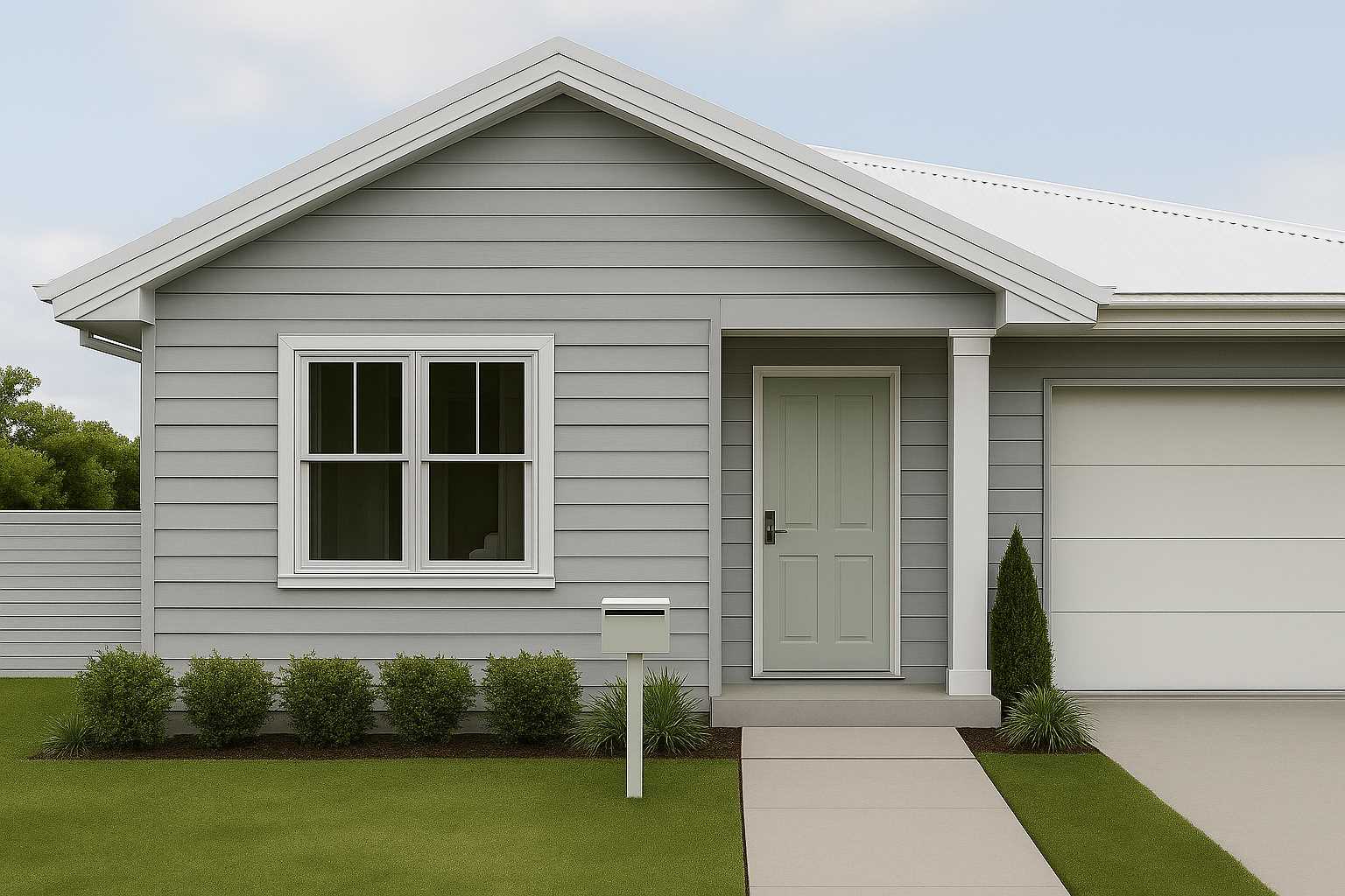 A small, modern gray house with a gabled roof, white-framed windows, a light green door, and a neatly trimmed lawn with shrubs.