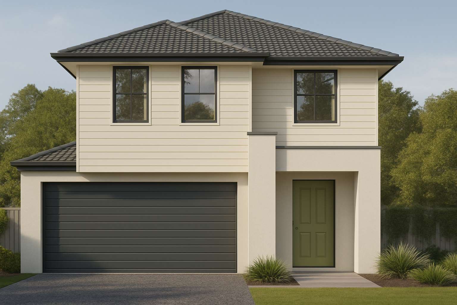 Two-story modern house with light siding, dark roof, and a green front door. Features a two-car garage and small shrubs in the front yard.