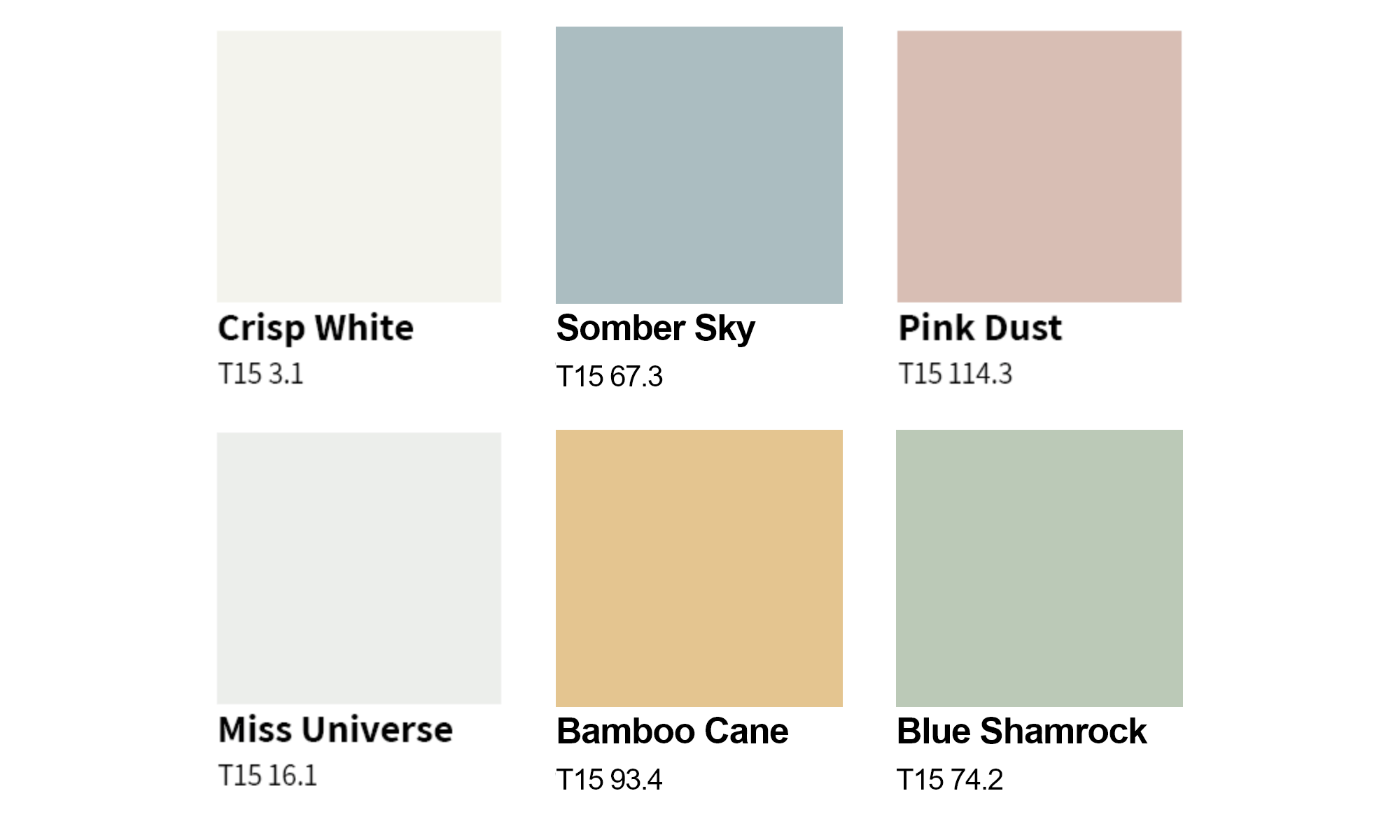 A palette of six paint swatches: Crisp White, Somber Sky, Pink Dust, Miss Universe, Bamboo Cane, Blue Shamrock, each with a code.