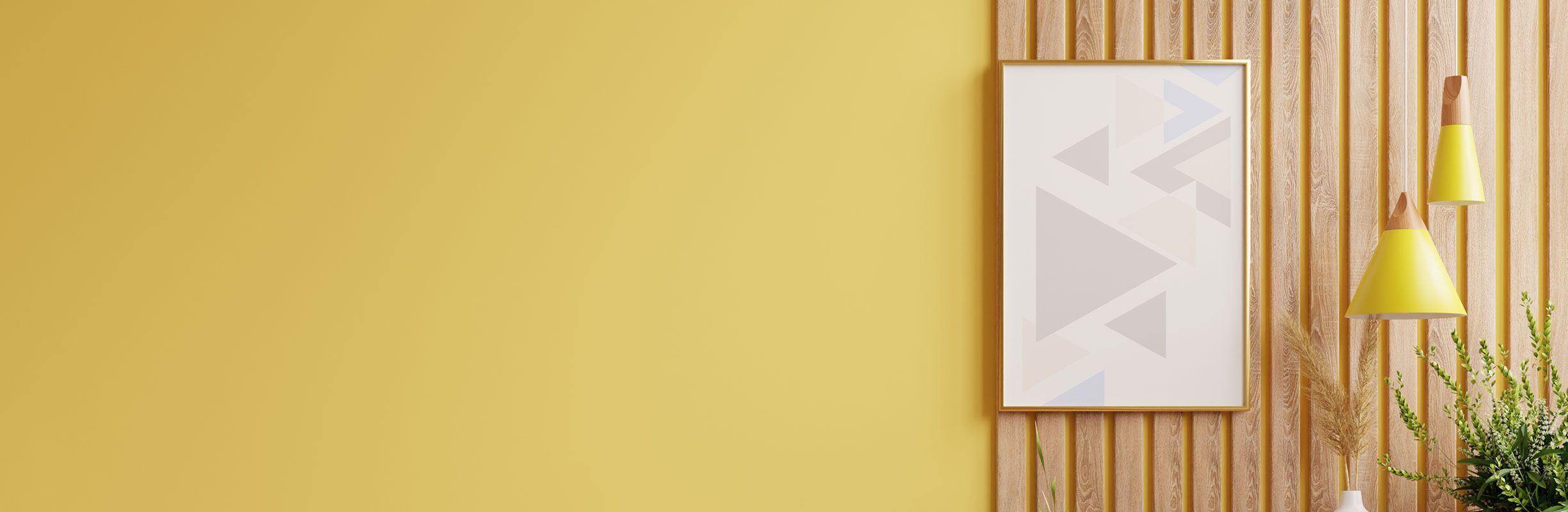 Minimalist interior with a geometric art piece on a wooden slat wall, yellow pendant light, and plants, against a matching yellow background.