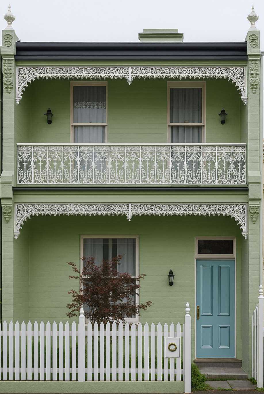 A green two-story house with ornate white ironwork, a blue door, and a white picket fence. A small tree is in front of the house.