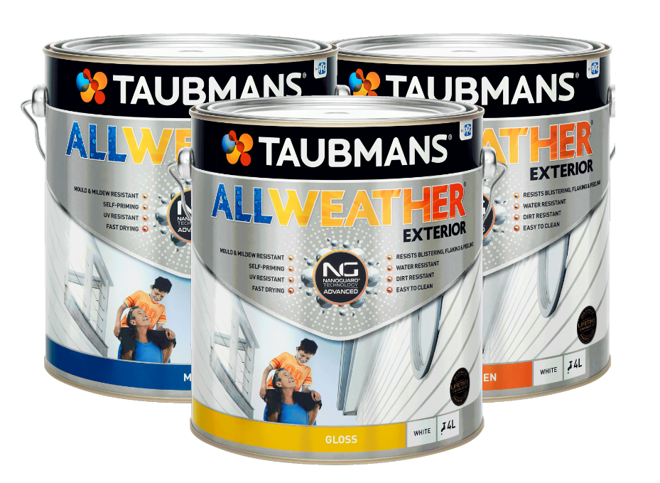 Three cans of Taubmans All Weather Exterior paint.