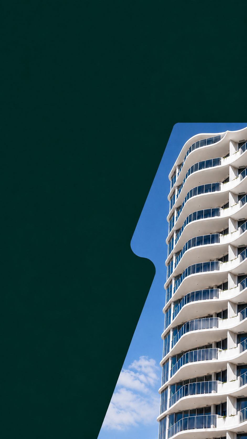 Curved balconies of a modern high-rise building with a clear blue sky in the background, partially covered by a dark green shape. Taubmans Armawall Texture used on the exterior facade of the building.