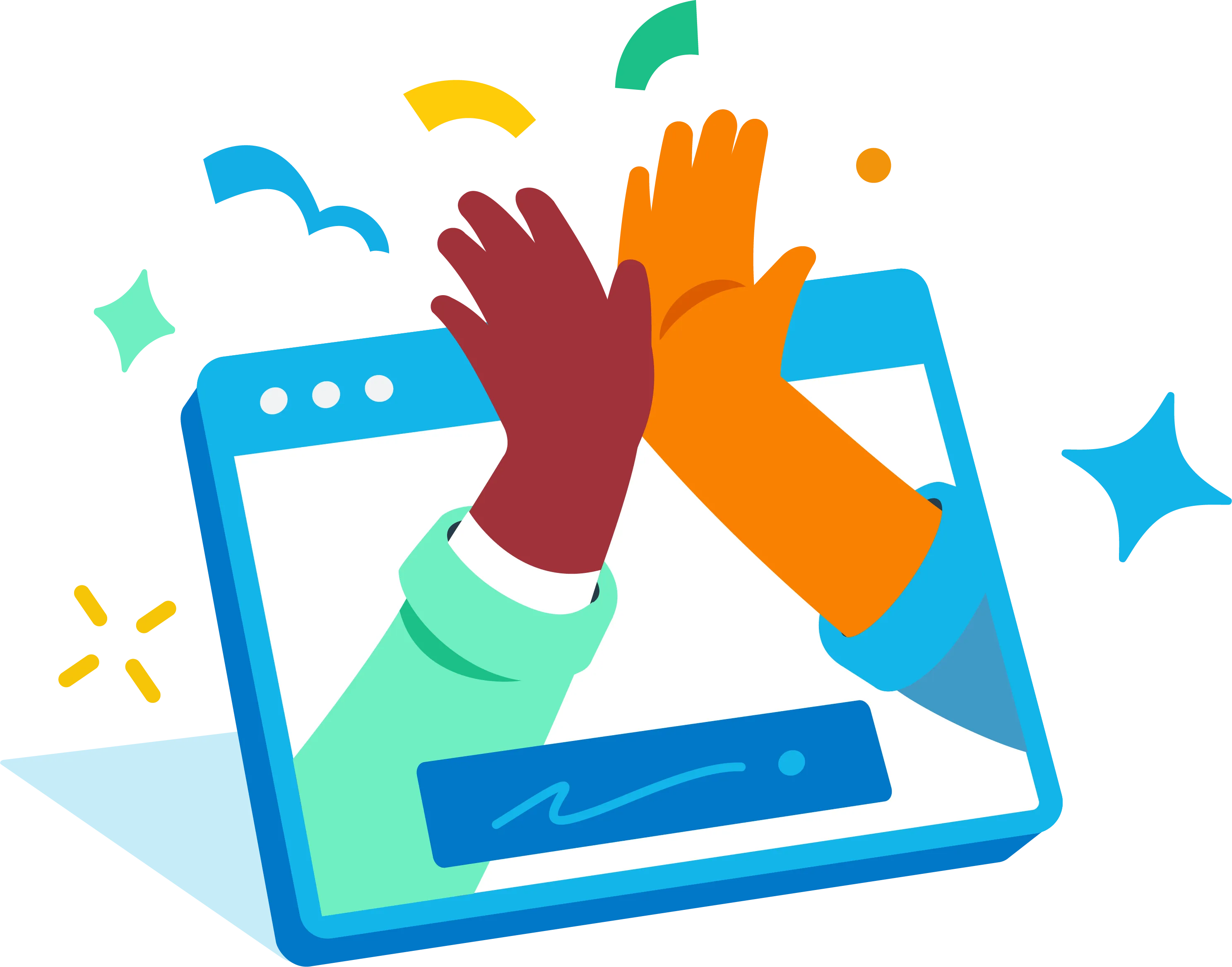 An illustration of two hands emerging from a computer screen to give a high-five.