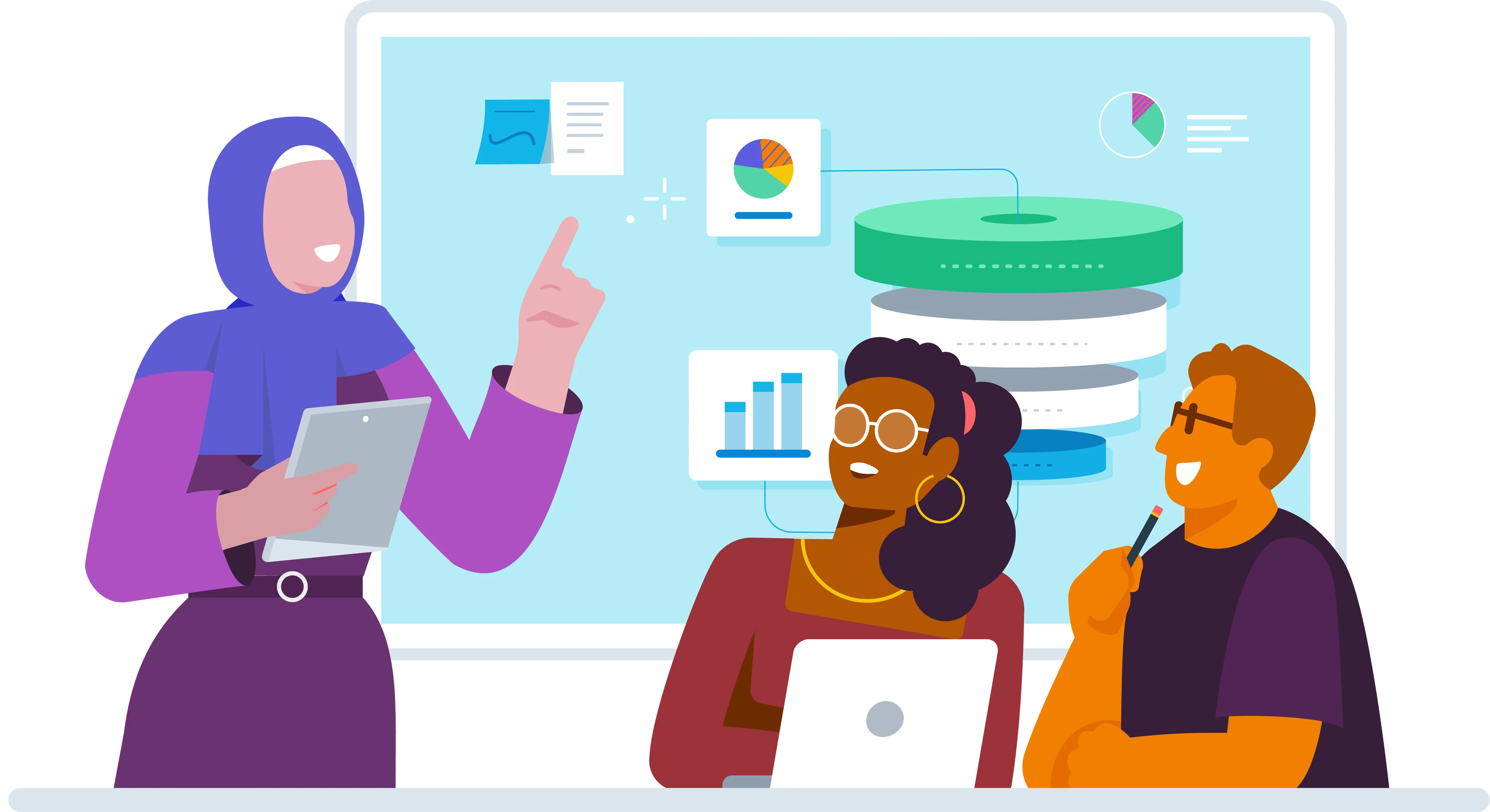 A colorful illustration of a business meeting. A woman wearing a purple hijab stands and presents from a tablet, while two colleagues, a man and a woman, listen attentively at a desk with a laptop. A large screen behind them shows charts and data visualizations.